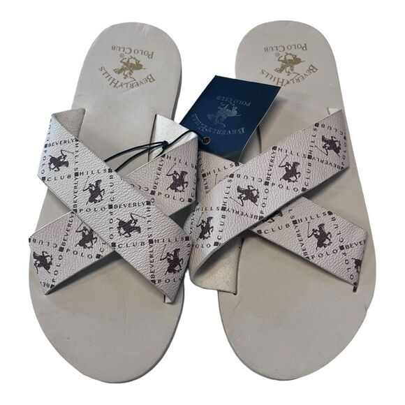 NWT Beverly Hills Polo Club | Cream Tan Slip On Slides Sandals 7 - Picture 2 of 3